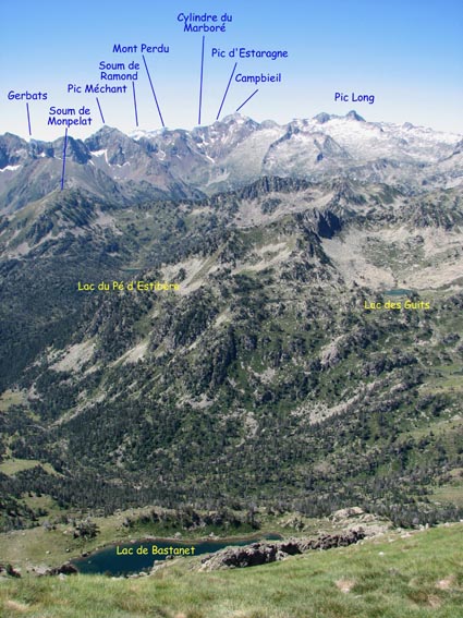 Le Soum de Ramond, le Mont Perdu et le Cylindre du Marboré pointent derrière le Pic Méchant et le Pic d'Estaragne.
