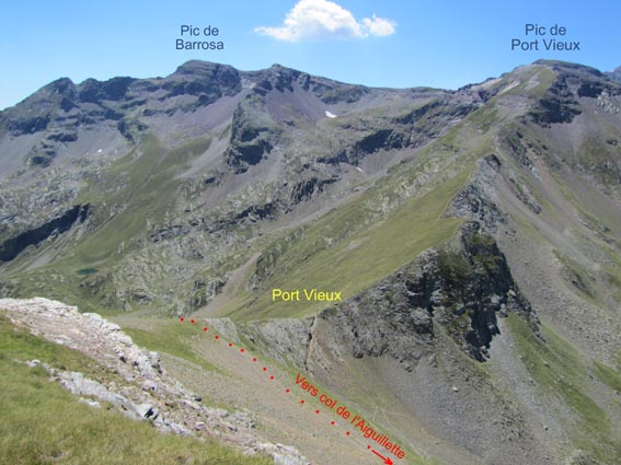 L'itinéraire du versant Ouest sous le Pic de l'Aiguillette est tracé en pointillés rouges.