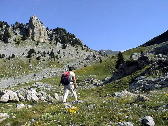 Le vallon dominé sur la gauche par une pointe de rocher, au fond: le col.