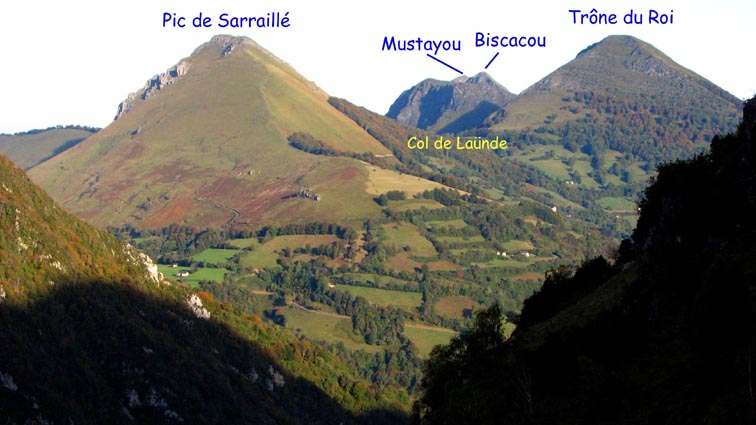 Le Pic de Saraillé, le Biscacou et le Trône du Roi apparaissent dans l'échancrure de la vallée au Nord-ouest.