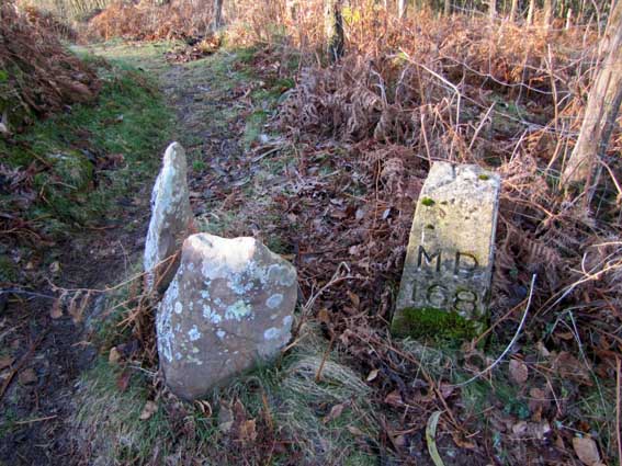 Deux vieilles pierres plantées perpendiculairement l'une par rapport à l'autre marquent l'angle de la limite de commune, juste à côté de la borne MP168.